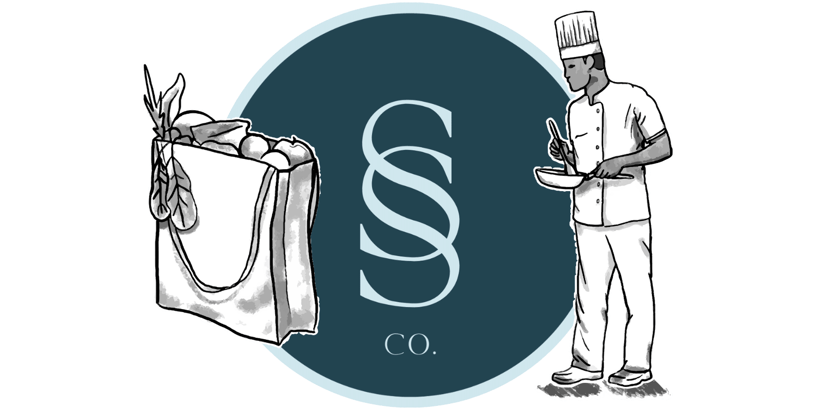 Seaside logo with groceries and a chef cooking something in a saucepan