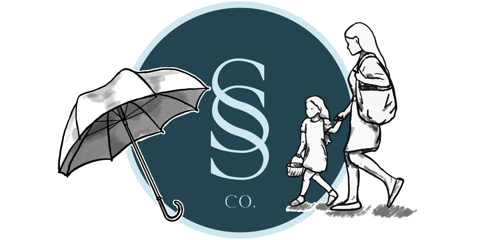Seaside logo with umbrella and family assistant holding hands with child and carrying groceries