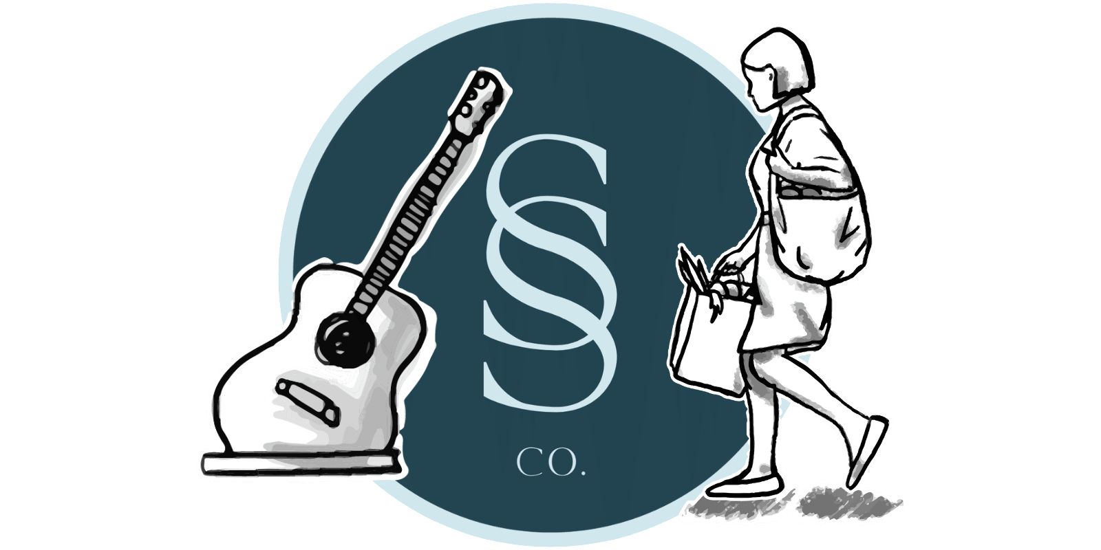 Seaside logo with large guitar and image of a family assistant carrying bags of groceries