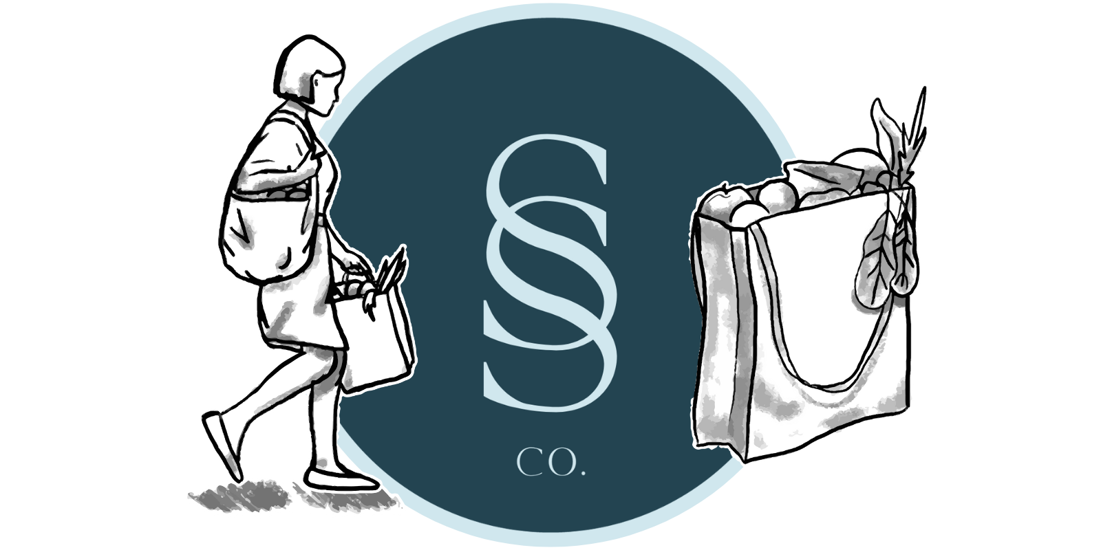 Seaside Staffing logo with a personal assistant carrying a grocery bag and separately a grocery bag with food