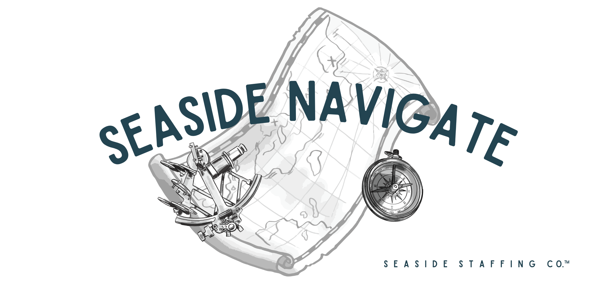 Logo for Seaside Navigate featuring a rolled nautical map with a sextant and compass and the bold blue text 'SEASIDE NAVIGATE'